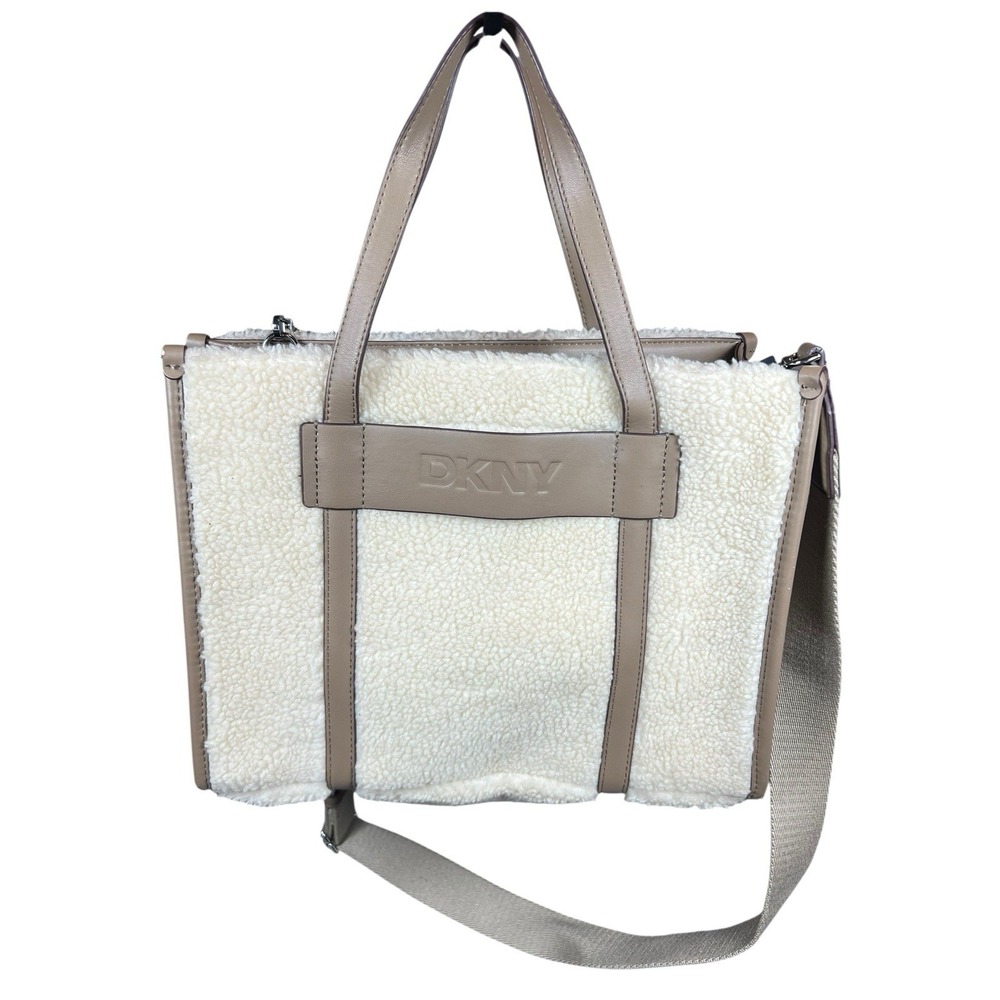DKNY Oaklyn Medium Tote Sherpa Cream Faux Shearling Crossbody Satchel Purse